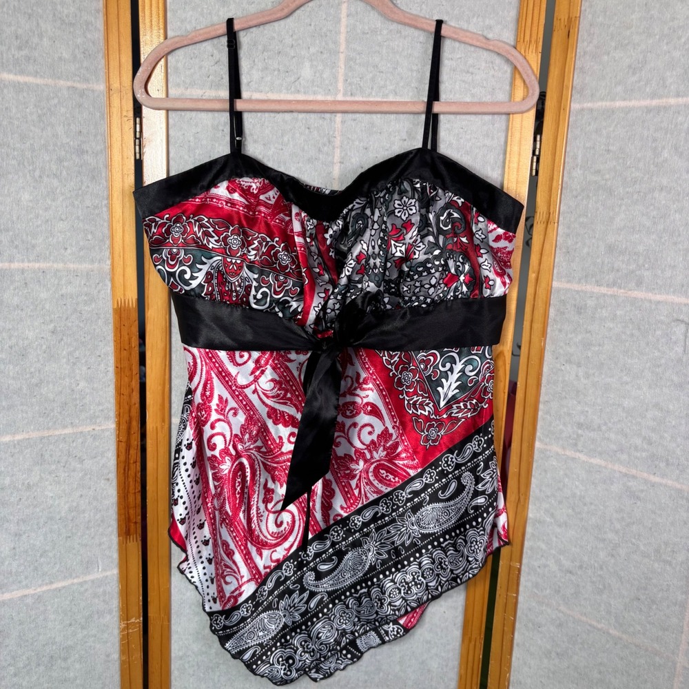 Studio 1940 Bandana Hem Cami Top Large Red Black Paisley Satin Tie Y2K Hip Hop